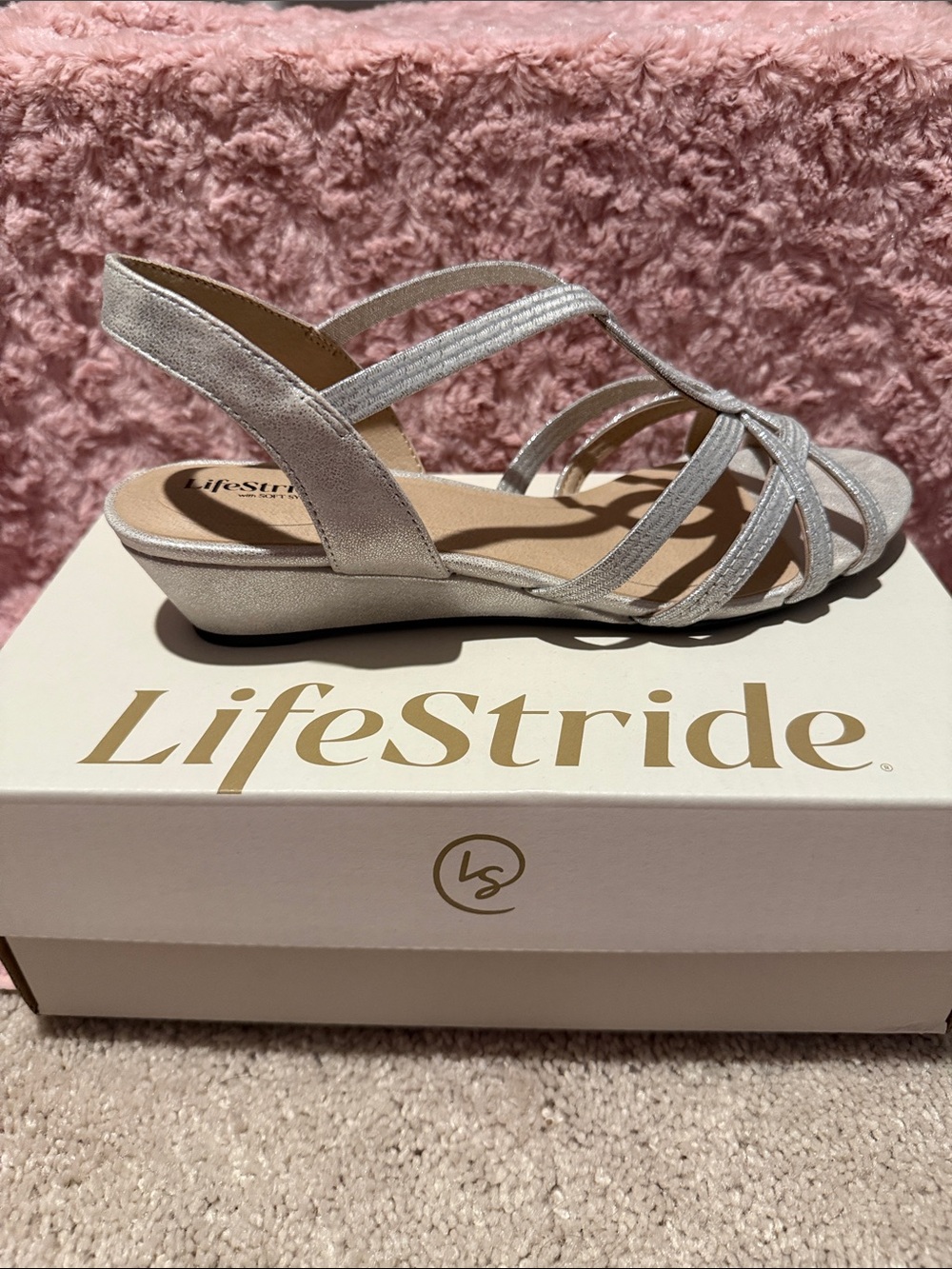Brand New Life Stride Silver Strappy Low Wedge Slingback Sandal